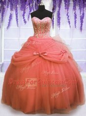 Three Piece Watermelon Red Sleeveless Beading and Bowknot Floor Length Sweet 16 Dress