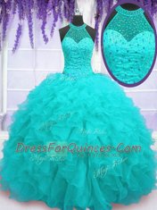 Custom Designed Aqua Blue Ball Gowns Beading and Ruffles Sweet 16 Dresses Lace Up Organza Sleeveless Floor Length