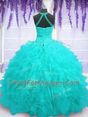 Custom Designed Aqua Blue Ball Gowns Beading and Ruffles Sweet 16 Dresses Lace Up Organza Sleeveless Floor Length