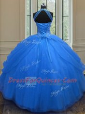 Perfect Royal Blue 15 Quinceanera Dress Military Ball and Sweet 16 and Quinceanera and For with Beading Halter Top Sleeveless Lace Up