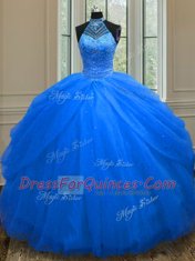 Perfect Royal Blue 15 Quinceanera Dress Military Ball and Sweet 16 and Quinceanera and For with Beading Halter Top Sleeveless Lace Up