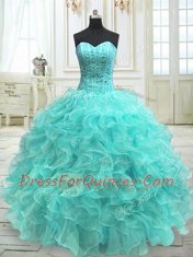 Hot Sale Beading and Ruffles Vestidos de Quinceanera Aqua Blue Lace Up Sleeveless Floor Length