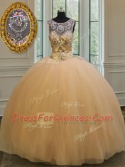 Graceful Scoop Gold Backless 15th Birthday Dress Beading and Appliques Sleeveless Floor Length