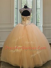 Graceful Scoop Gold Backless 15th Birthday Dress Beading and Appliques Sleeveless Floor Length