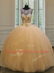 Graceful Scoop Gold Backless 15th Birthday Dress Beading and Appliques Sleeveless Floor Length