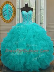 Customized Floor Length Aqua Blue 15th Birthday Dress Organza Sleeveless Beading and Ruffles