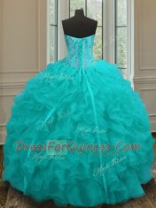 Customized Floor Length Aqua Blue 15th Birthday Dress Organza Sleeveless Beading and Ruffles