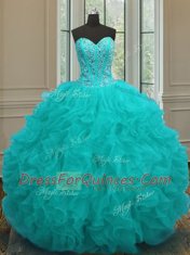 Customized Floor Length Aqua Blue 15th Birthday Dress Organza Sleeveless Beading and Ruffles