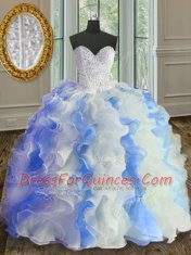 Ideal Floor Length White and Blue Quinceanera Dress Organza Sleeveless Beading and Ruffles