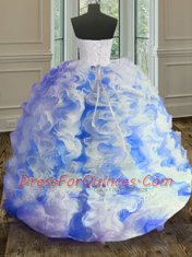 Ideal Floor Length White and Blue Quinceanera Dress Organza Sleeveless Beading and Ruffles