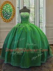 Elegant Green Organza Lace Up Vestidos de Quinceanera Sleeveless Floor Length Sequins