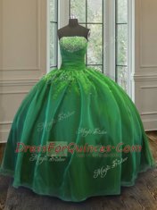 Elegant Green Organza Lace Up Vestidos de Quinceanera Sleeveless Floor Length Sequins
