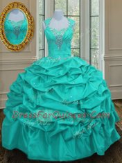 Admirable Straps Aqua Blue Sleeveless Beading and Pick Ups Floor Length Quinceanera Gown