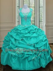 Admirable Straps Aqua Blue Sleeveless Beading and Pick Ups Floor Length Quinceanera Gown