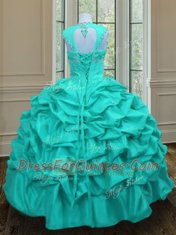 Admirable Straps Aqua Blue Sleeveless Beading and Pick Ups Floor Length Quinceanera Gown