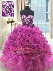 Attractive Fuchsia Lace Up Sweetheart Beading and Ruffles Ball Gown Prom Dress Organza Sleeveless