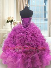 Attractive Fuchsia Lace Up Sweetheart Beading and Ruffles Ball Gown Prom Dress Organza Sleeveless