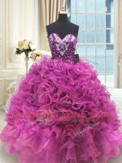 Attractive Fuchsia Lace Up Sweetheart Beading and Ruffles Ball Gown Prom Dress Organza Sleeveless