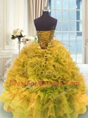 Gold Sweetheart Lace Up Beading and Ruffles 15 Quinceanera Dress Sleeveless
