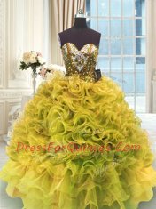 Gold Sweetheart Lace Up Beading and Ruffles 15 Quinceanera Dress Sleeveless