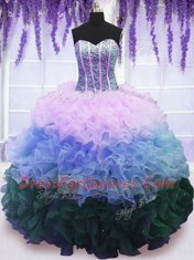 Sleeveless Organza Floor Length Lace Up Sweet 16 Dresses in Multi-color with Beading and Ruffles and Ruffled Layers