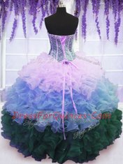 Sleeveless Organza Floor Length Lace Up Sweet 16 Dresses in Multi-color with Beading and Ruffles and Ruffled Layers