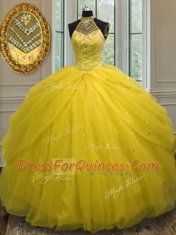 Luxurious Tulle Halter Top Sleeveless Lace Up Beading Quince Ball Gowns in Gold