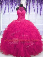 Top Selling Sleeveless Floor Length Beading and Ruffles Lace Up Sweet 16 Dresses with Hot Pink