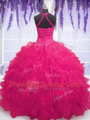 Top Selling Sleeveless Floor Length Beading and Ruffles Lace Up Sweet 16 Dresses with Hot Pink