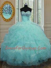 Sweetheart Sleeveless Sweet 16 Dress Floor Length Beading and Ruffles Aqua Blue Organza