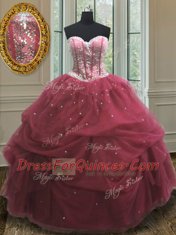 Hot Selling Burgundy Sleeveless Sequins and Pick Ups Floor Length Quinceanera Dress