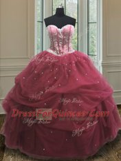 Hot Selling Burgundy Sleeveless Sequins and Pick Ups Floor Length Quinceanera Dress