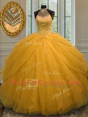 Romantic Tulle Halter Top Sleeveless Lace Up Beading 15th Birthday Dress in Gold