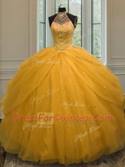 Romantic Tulle Halter Top Sleeveless Lace Up Beading 15th Birthday Dress in Gold