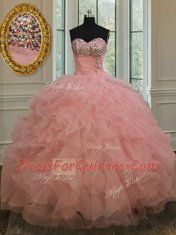 Customized Watermelon Red Sleeveless Organza Lace Up 15 Quinceanera Dress for Military Ball and Sweet 16 and Quinceanera