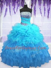 Sleeveless Floor Length Beading and Ruffled Layers and Pick Ups Lace Up Sweet 16 Dress with Aqua Blue