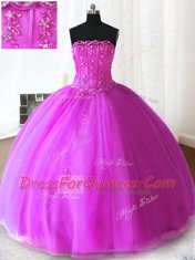 Fitting Fuchsia Sleeveless Beading and Appliques Floor Length Sweet 16 Quinceanera Dress