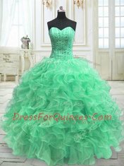 Elegant Green Sleeveless Organza Lace Up Quince Ball Gowns for Military Ball and Sweet 16 and Quinceanera