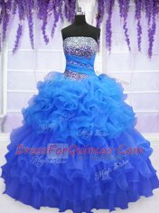 New Arrival Blue Ball Gowns Strapless Sleeveless Organza Floor Length Lace Up Beading and Ruffled Layers and Pick Ups Quinceanera Dress