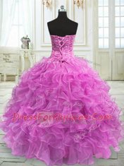 Floor Length Rose Pink Quinceanera Dress Organza Sleeveless Beading and Ruffles