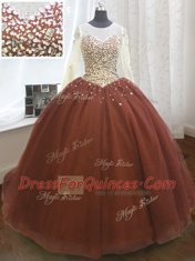 Sequins Scoop Long Sleeves Sweep Train Lace Up Quinceanera Gown Burgundy Organza