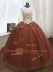 Sequins Scoop Long Sleeves Sweep Train Lace Up Quinceanera Gown Burgundy Organza