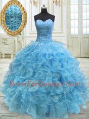 Pretty Sweetheart Sleeveless Quinceanera Gowns Floor Length Beading and Ruffles Baby Blue Organza