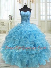 Pretty Sweetheart Sleeveless Quinceanera Gowns Floor Length Beading and Ruffles Baby Blue Organza