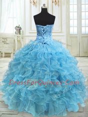 Pretty Sweetheart Sleeveless Quinceanera Gowns Floor Length Beading and Ruffles Baby Blue Organza