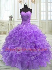 Sleeveless Floor Length Beading and Ruffles Lace Up 15 Quinceanera Dress with Lavender