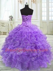 Sleeveless Floor Length Beading and Ruffles Lace Up 15 Quinceanera Dress with Lavender