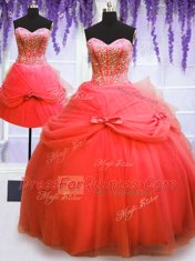 Three Piece Sweetheart Sleeveless Sweet 16 Quinceanera Dress Floor Length Beading and Bowknot Coral Red Tulle