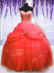 Three Piece Sweetheart Sleeveless Sweet 16 Quinceanera Dress Floor Length Beading and Bowknot Coral Red Tulle