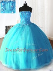 Sleeveless Tulle Floor Length Lace Up Ball Gown Prom Dress in Baby Blue with Beading and Appliques
